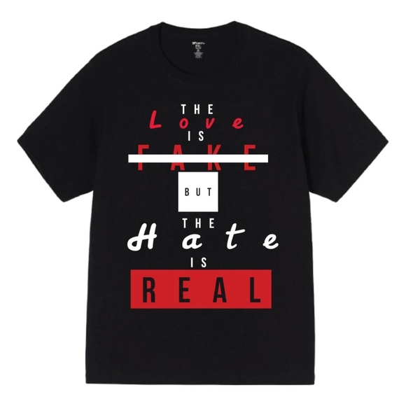 Black Graphic T-Shirt with Red and White Text - Picture 1 of 4